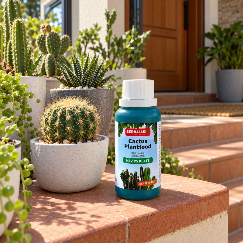 Serbajadi Cactus Plantfood (Growth) beside potted cacti on a patio.