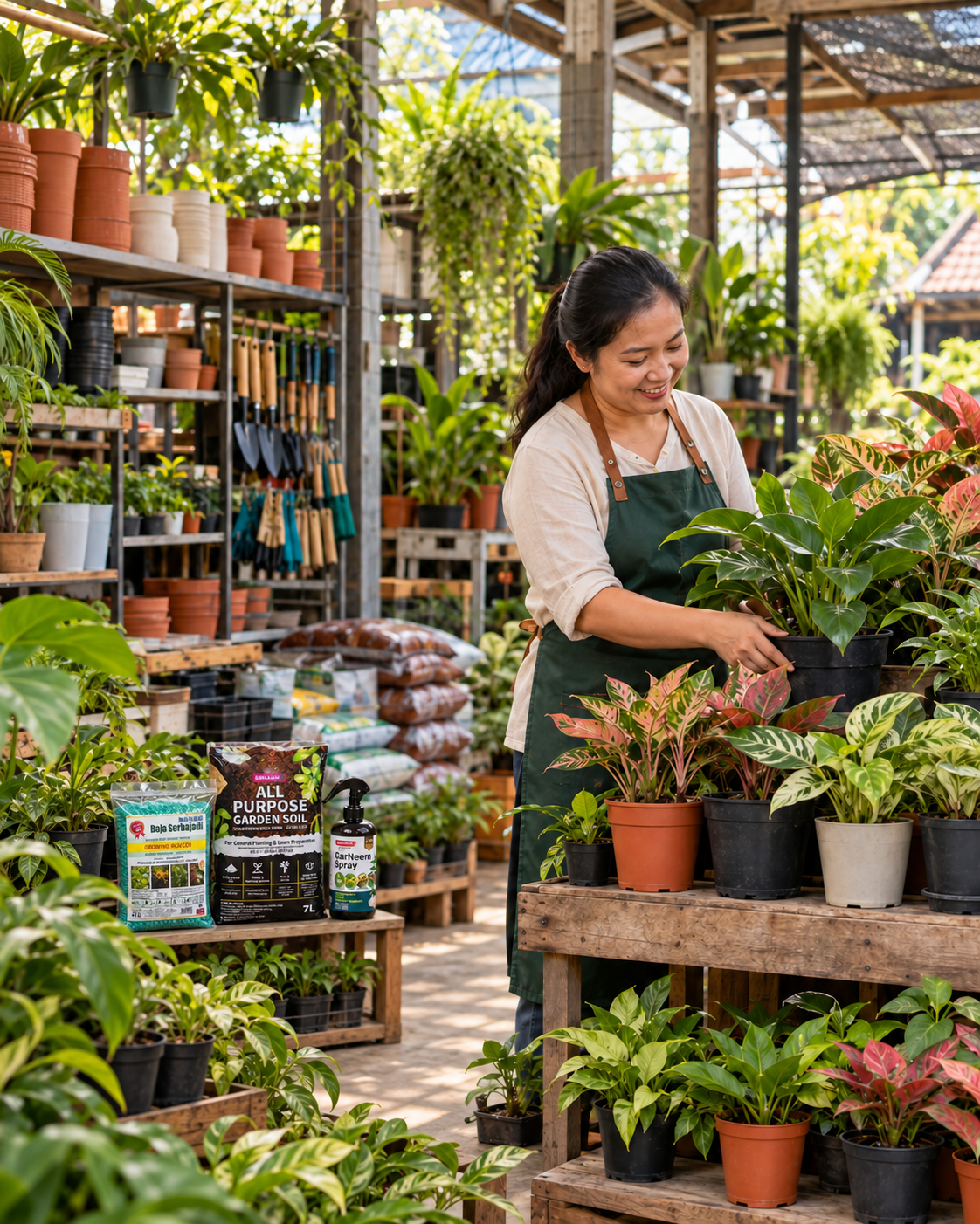 Garden centre retailer tending tropical plants, with Serbajadi Growing Inducer, garden soil and GarNeem Spray on a nearby shelf