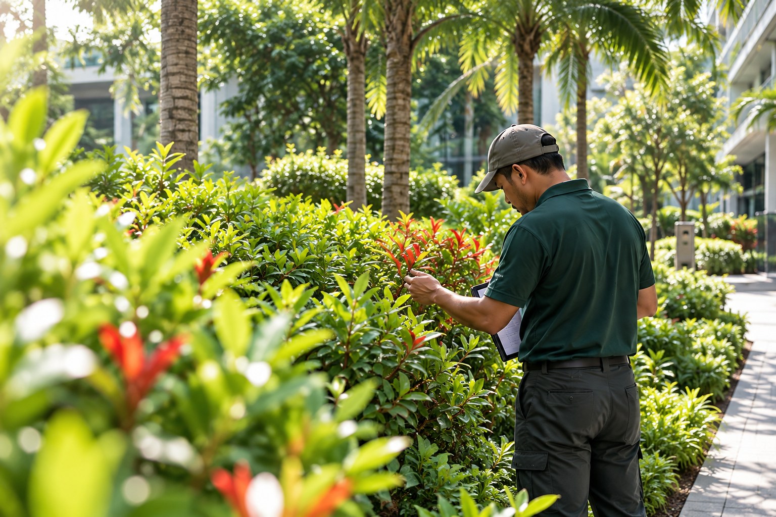 Foto ilustrasi seorang profesional landskap memeriksa pokok renek tropika di taman komersial.