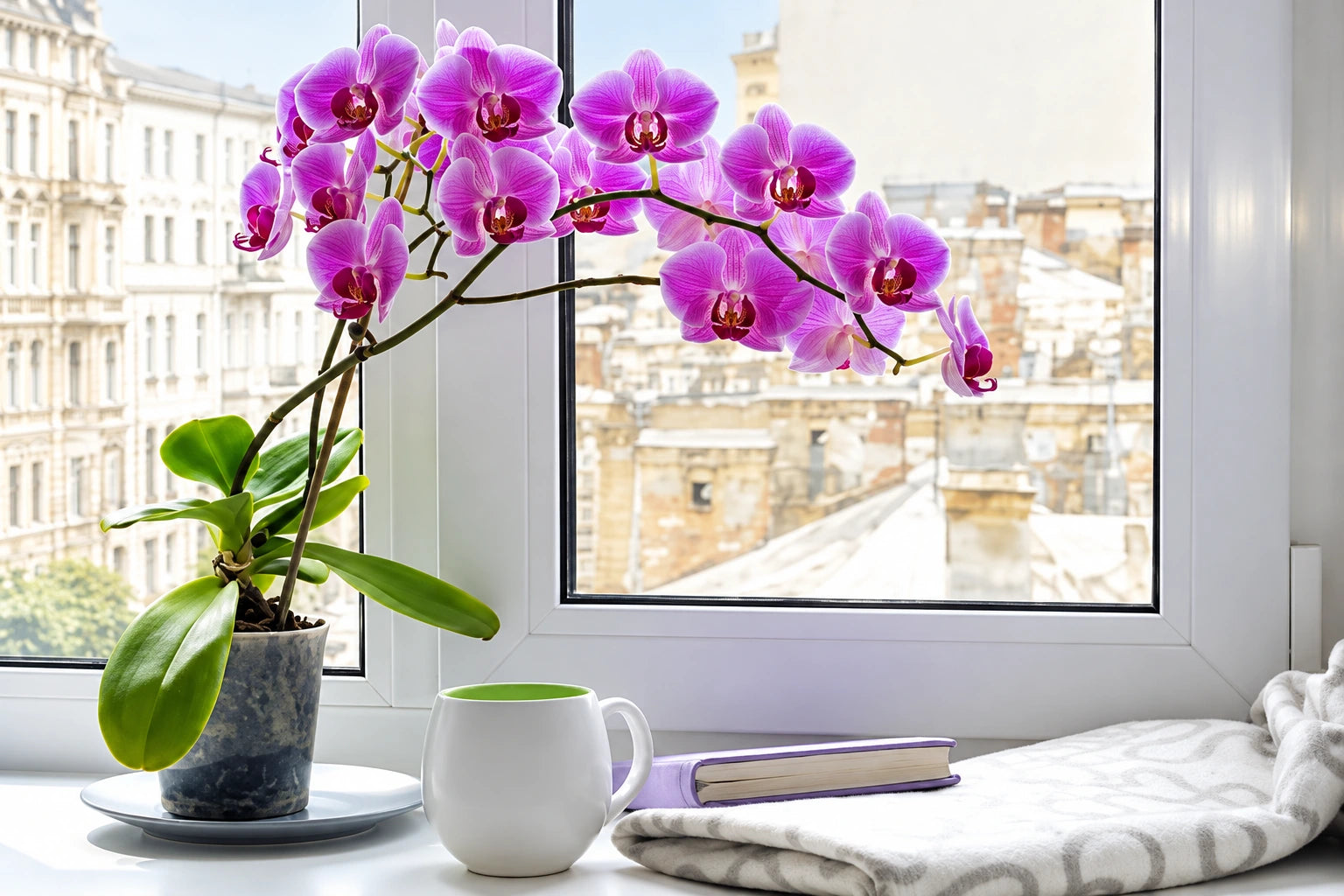 Orchid placement for proper indirect sunlight Orchid positioned in bright indirect light near window with sheer curtain