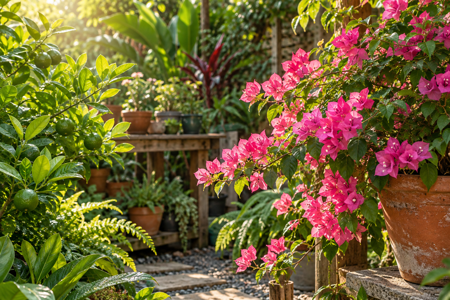 Flowering bougainvillea in a sunlit garden