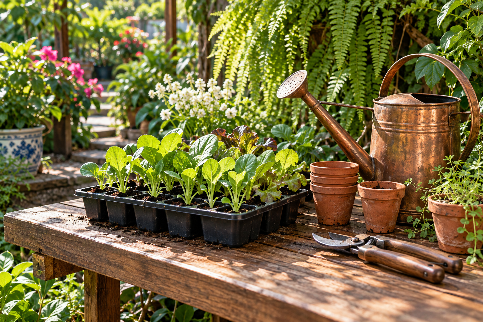 Young seedlings, nursery pots and gardening essentials on a sunlit wooden bench