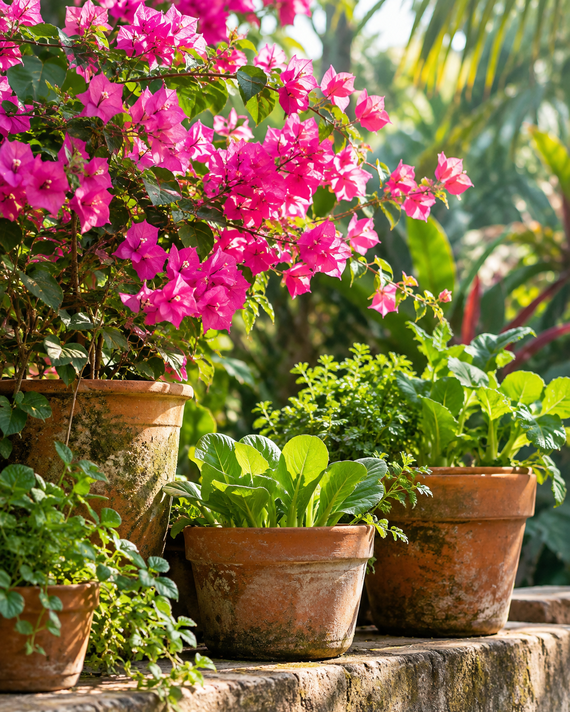 Pink bougainvillea and leafy edible plants growing in terracotta pots