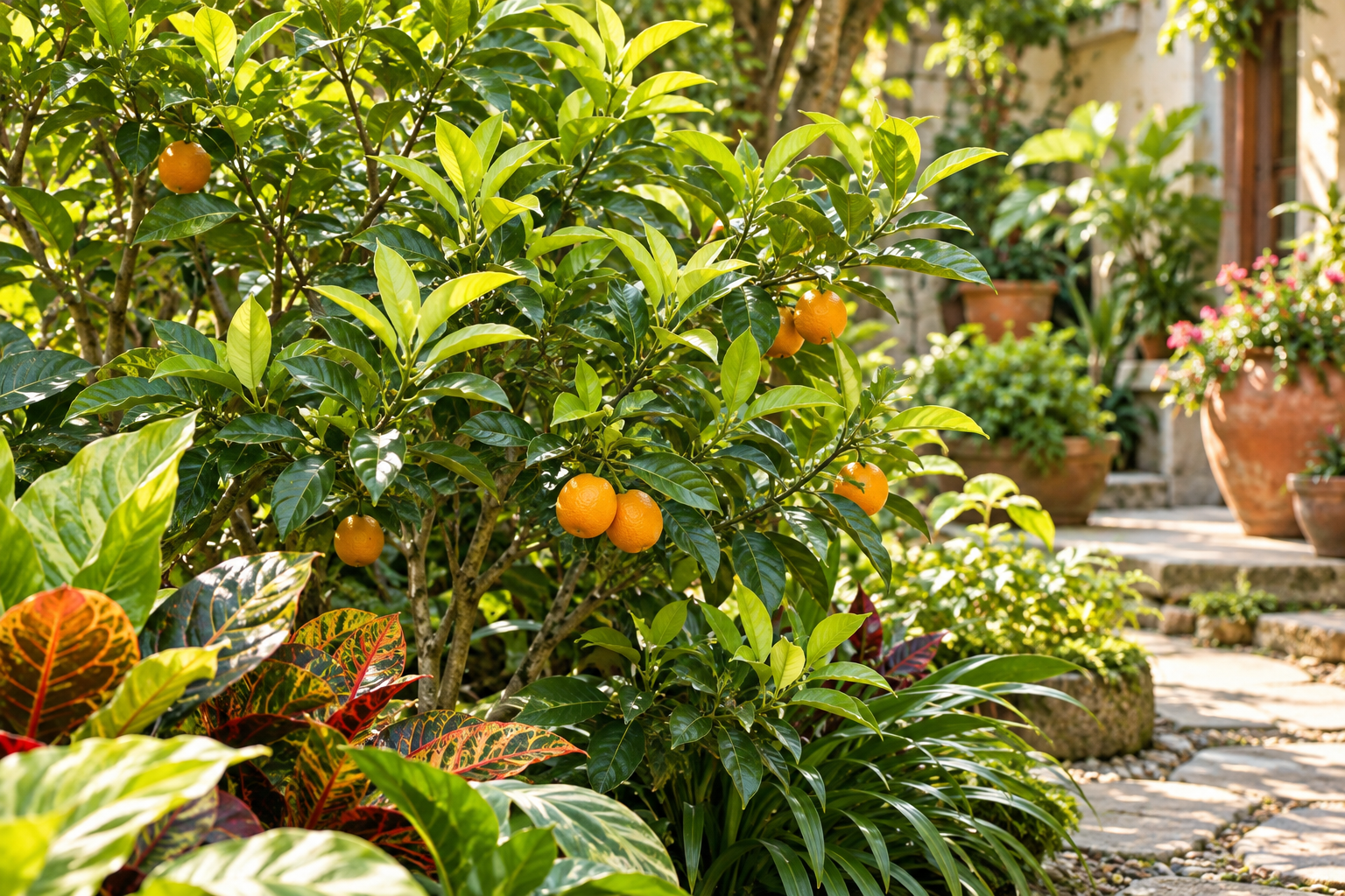 Sunlit citrus leaves and ornamental foliage in a home courtyard garden