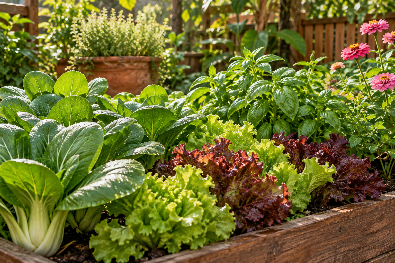 Fresh pak choy, colourful lettuce, basil and zinnias in a sunlit home garden