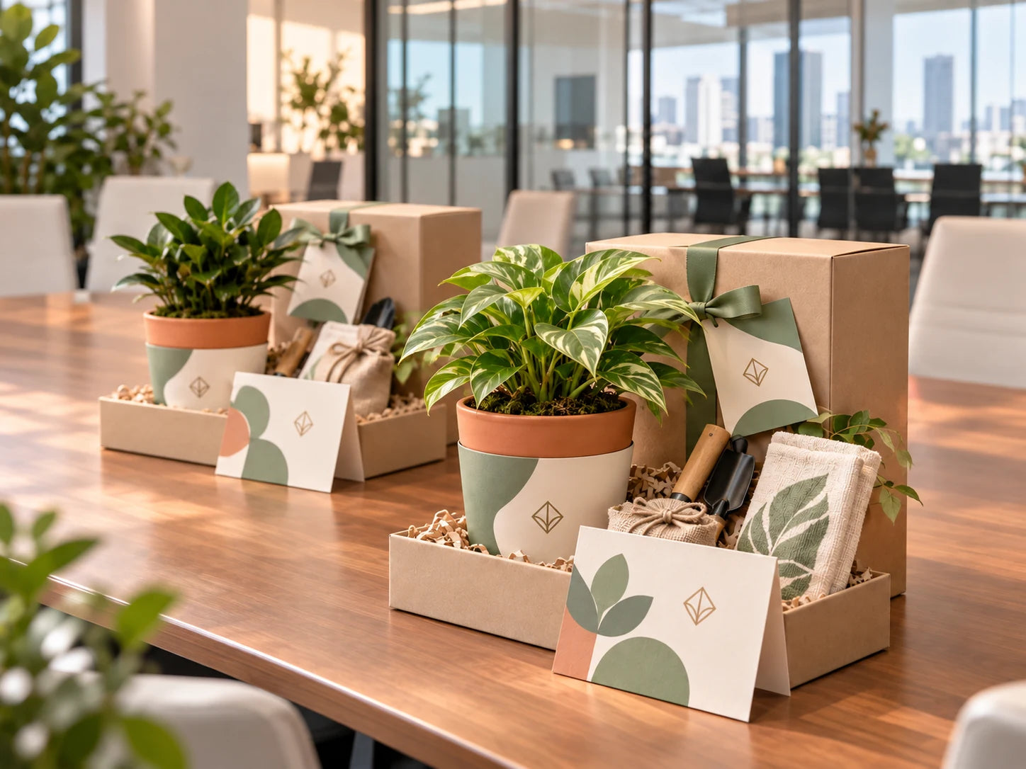 Coordinated corporate plant gift kits with customised sleeves and gift cards