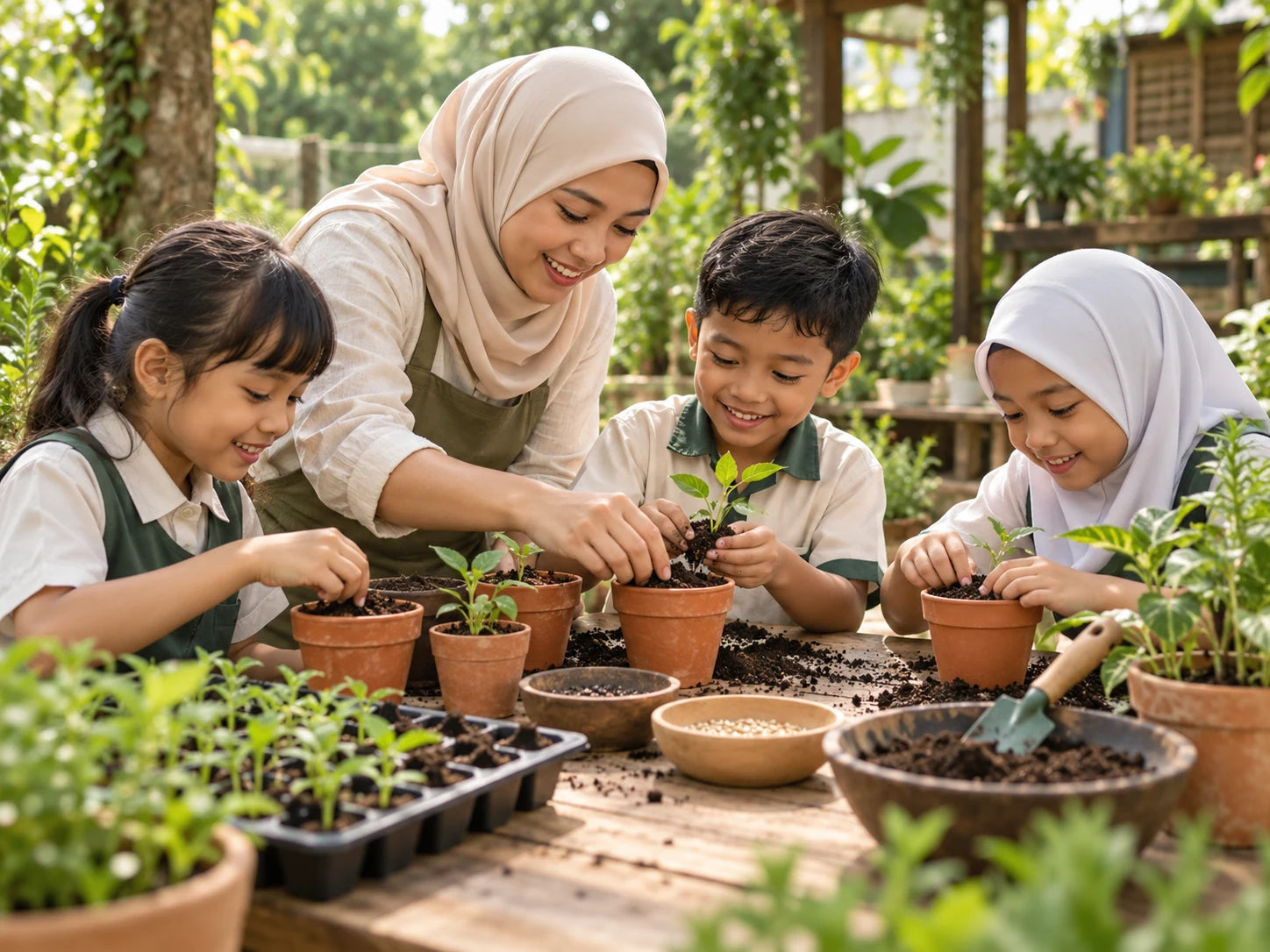 Children planting seedlings together with a workshop facilitator
