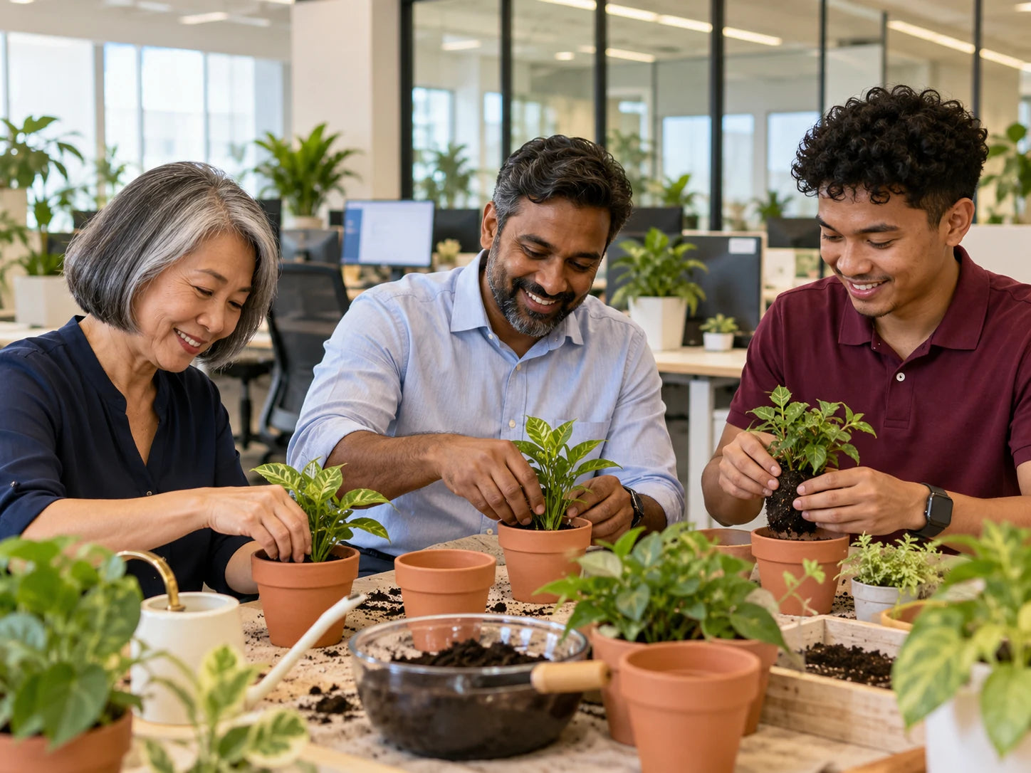 A diverse group of office colleagues enjoying a planting activity