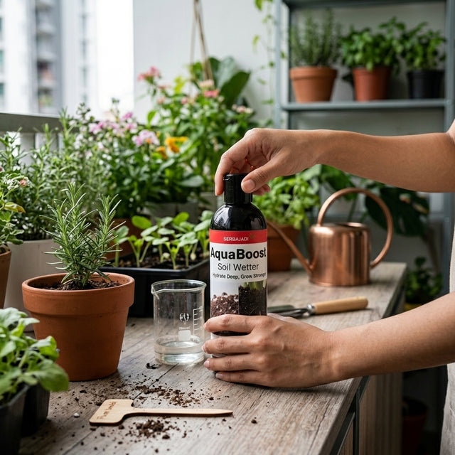 AquaBoost being prepared beside potted herbs.