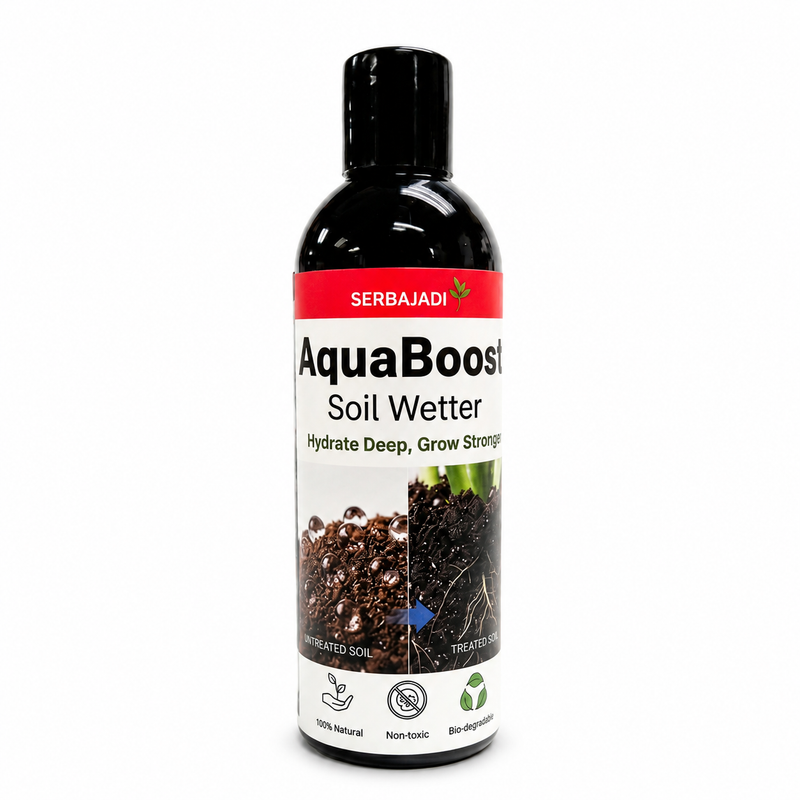 Serbajadi AquaBoost Soil Wetter bottle on a pure white background.