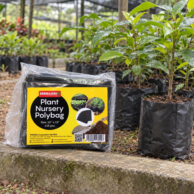 Serbajadi Black Nursery Polybags beside nursery plants and a filled nursery bag.