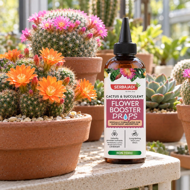 Serbajadi Cactus Flower Booster Drops beside flowering cacti.
