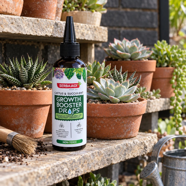Serbajadi Cactus Growth Booster Drops beside potted succulents on a patio.