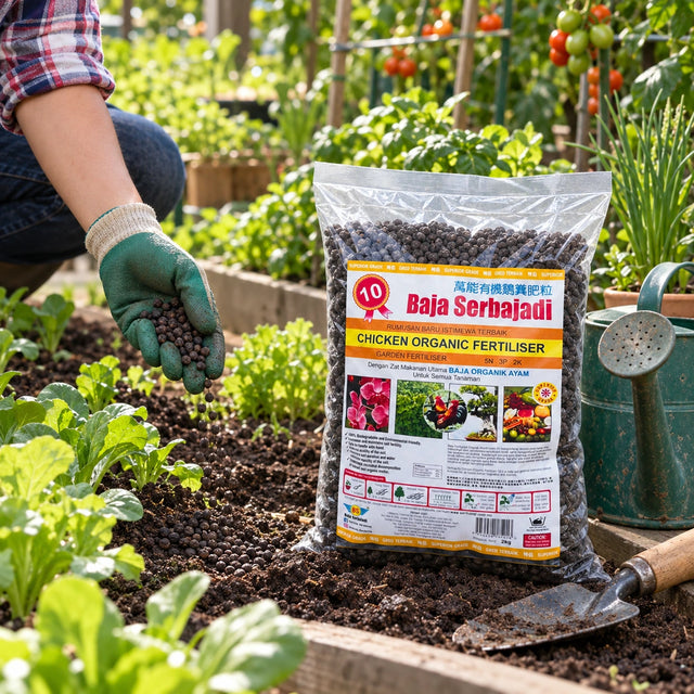 Serbajadi Chicken Organic Fertiliser 10 beside a vegetable bed and a gardener.