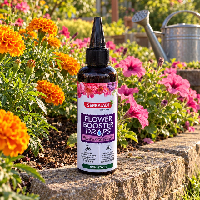 Serbajadi Flower Booster Drops beside colourful flowering plants.