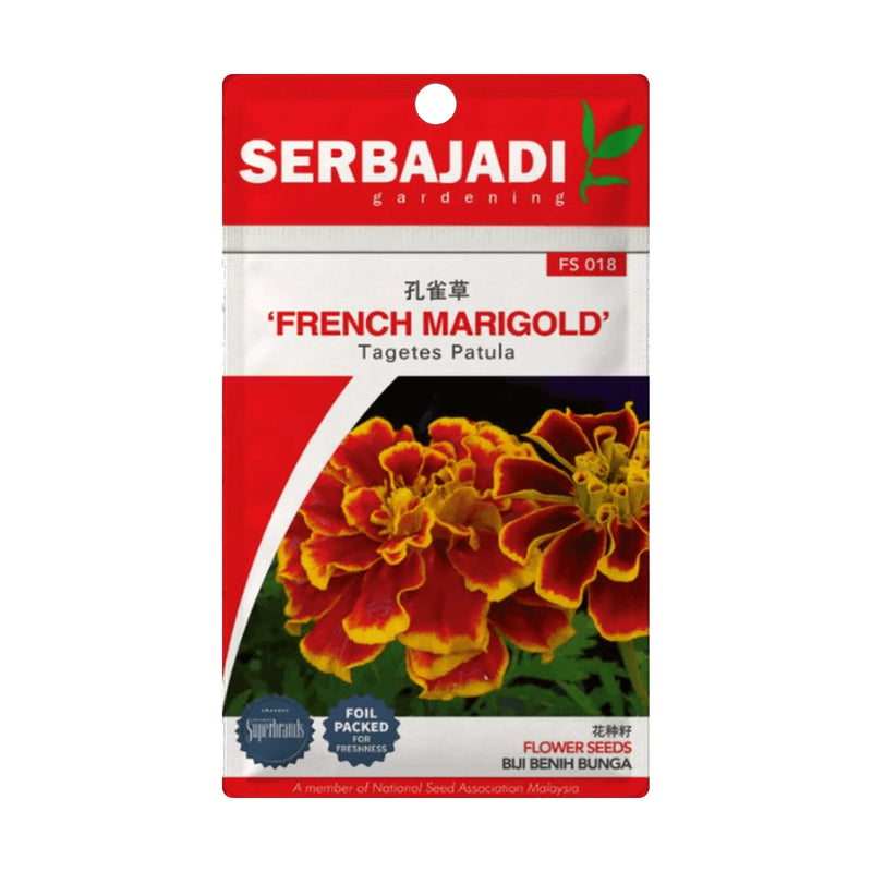 Serbajadi French Marigold Seeds FS018 seed packet on a white background.