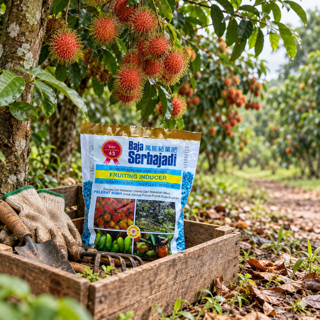Serbajadi Fruiting Inducer 43 in a wooden tray beneath a fruit tree.