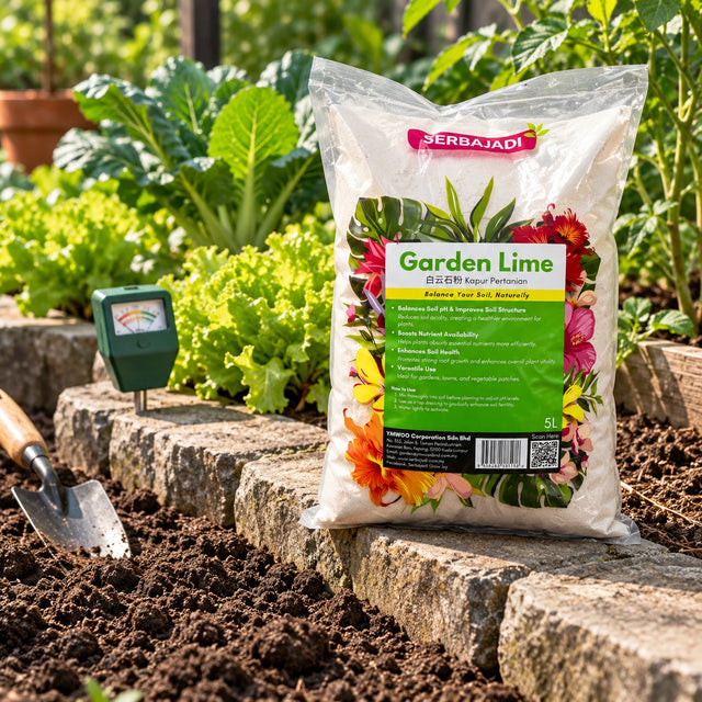 Serbajadi Garden Lime beside pots and hand tools.