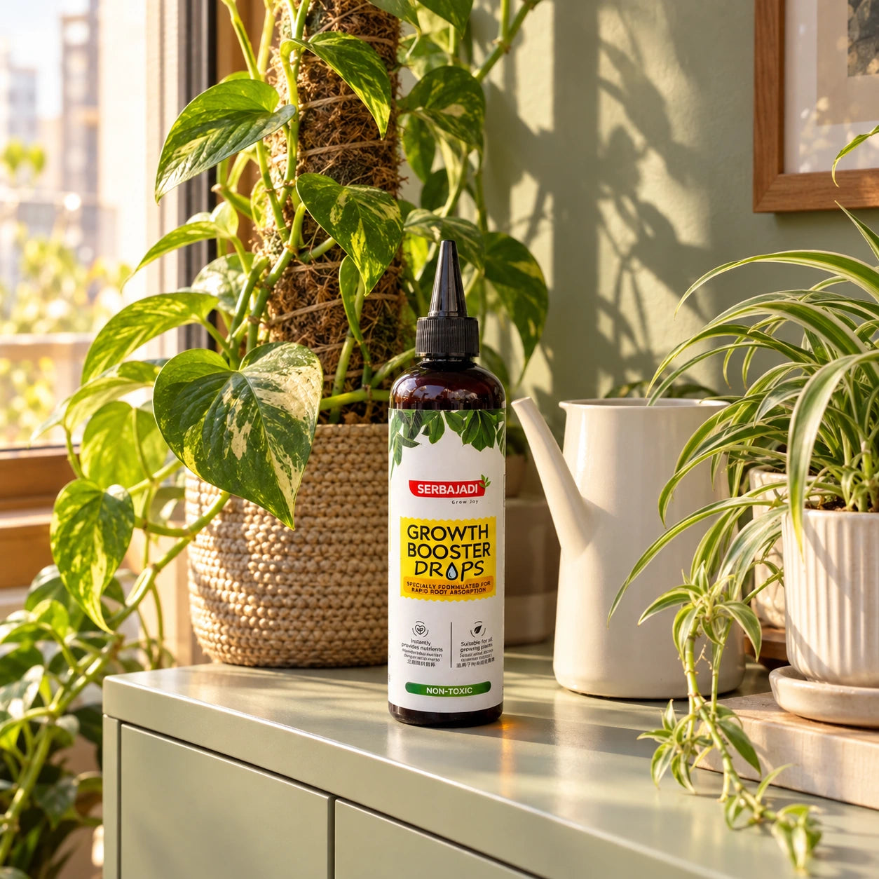 Houseplant care beside pothos and spider plants in a sunlit room