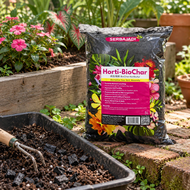 Serbajadi Horti-BioChar beside plants and a tray of biochar.