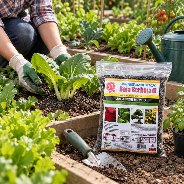 Serbajadi Humus 27 beside a vegetable bed and a gardener.