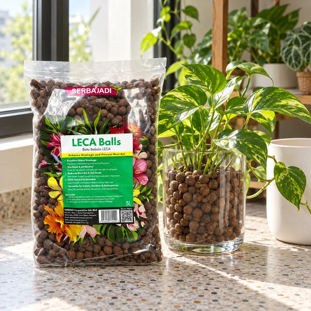 Serbajadi LECA Expanded Clay beside potted foliage and clay pebbles.