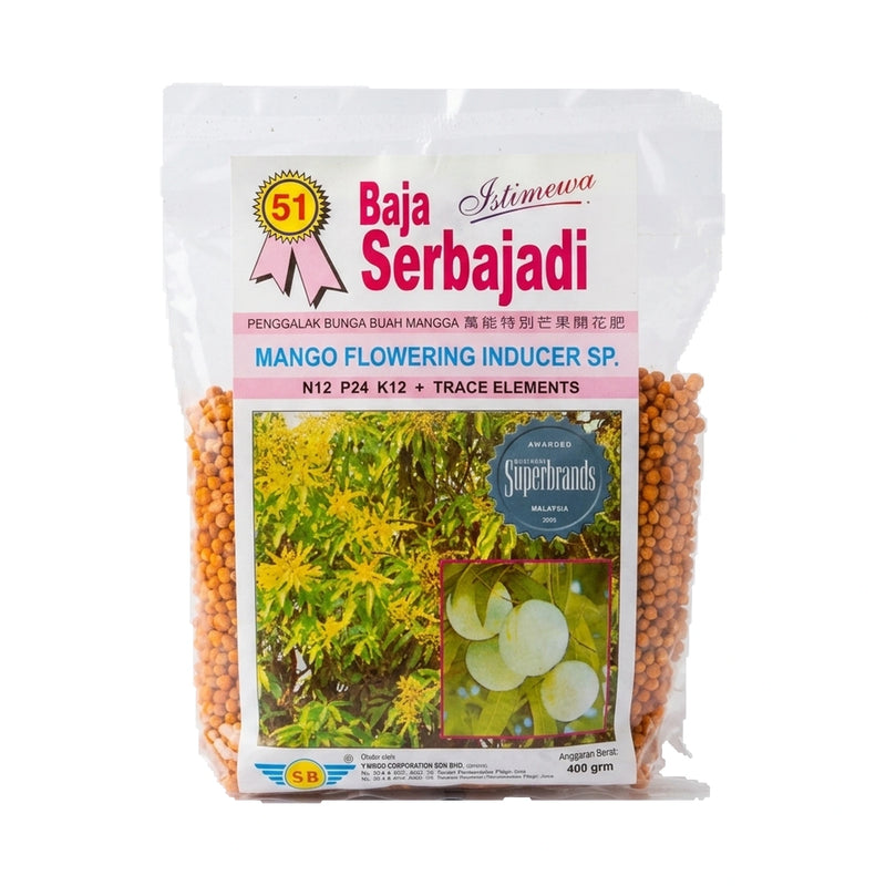Serbajadi Mango Flowering Inducer 51 on a white background.