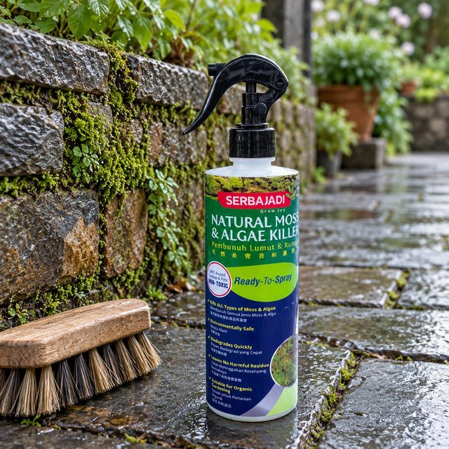 Serbajadi Natural Moss & Algae Killer beside moss-covered steps and a brush.