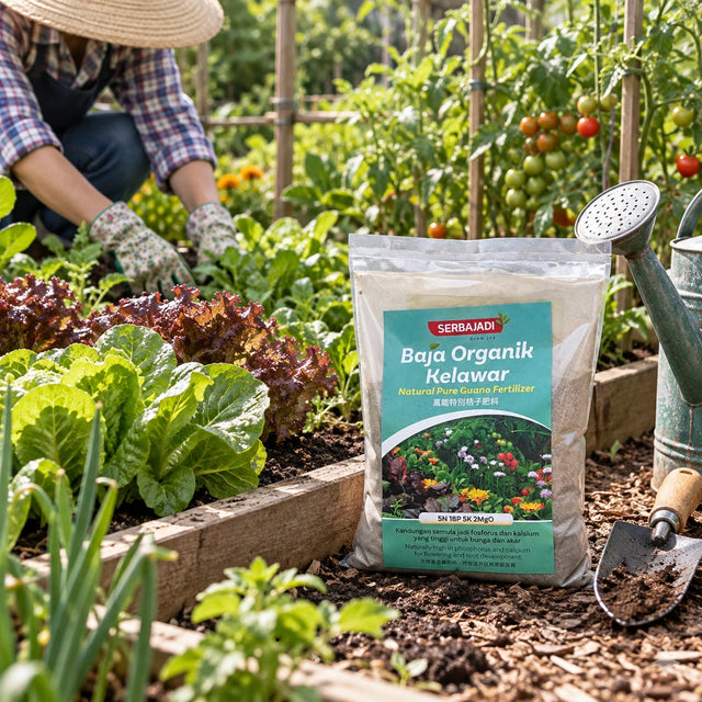 Serbajadi Natural Pure Guano Fertiliser beside a vegetable bed and a gardener.