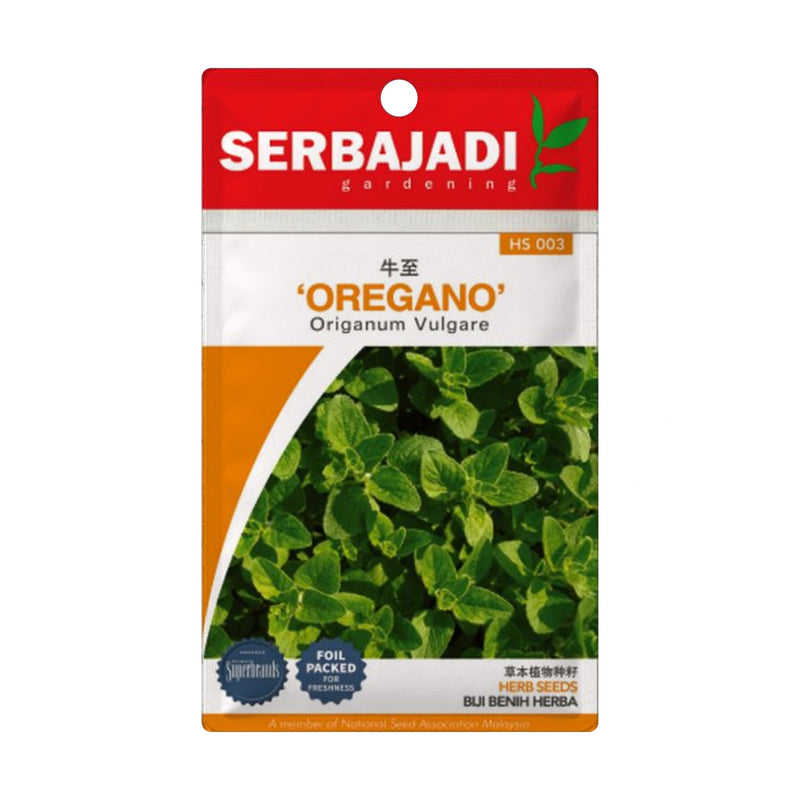 Serbajadi Oregano Seeds HS003 seed packet on a white background.