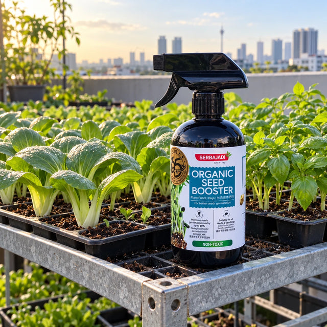 Serbajadi Organic Seed Booster beside seedling trays in a vegetable garden.