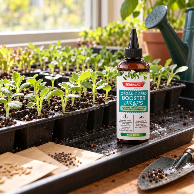 Serbajadi Organic Seed Booster Drops beside seedling trays on a potting bench.