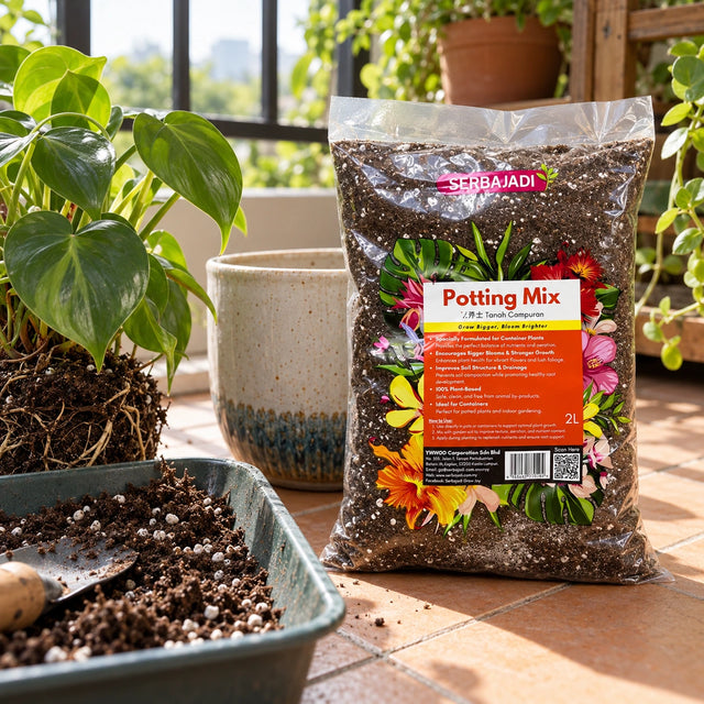 Serbajadi Potting Mix beside potted foliage and growing medium.