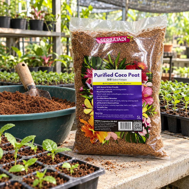 Serbajadi Purified Coco Peat beside a bowl of growing medium and pots.