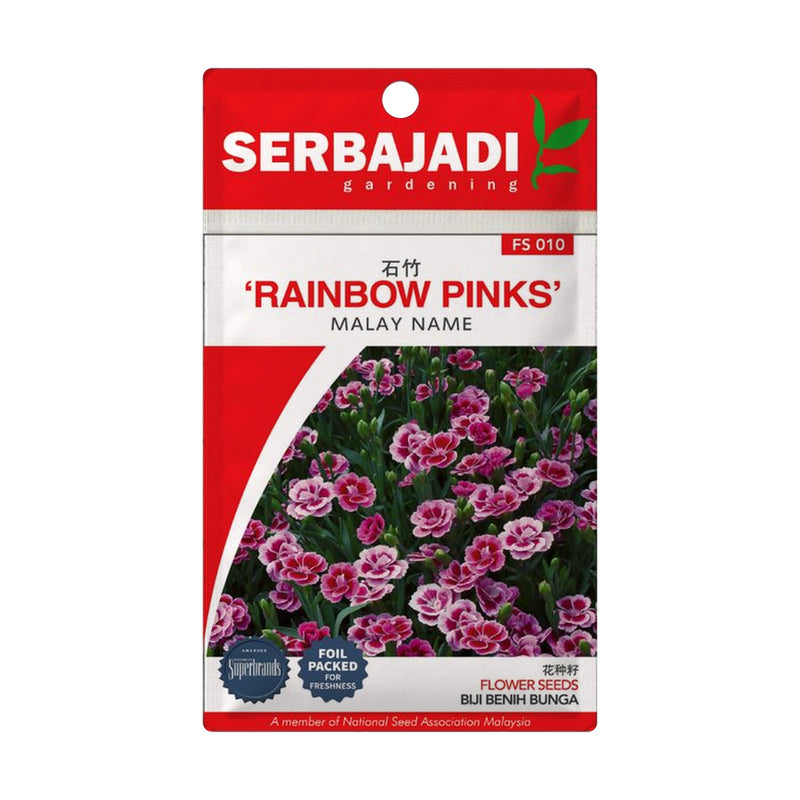 Serbajadi Rainbow Pinks Seeds FS010 seed packet on a white background.