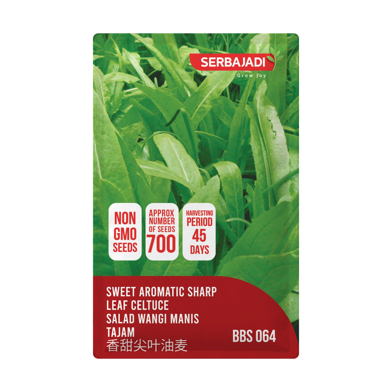 Serbajadi Sweet Aromatic Sharp Leaf Celtuce Seeds VS064 seed packet on a white background.