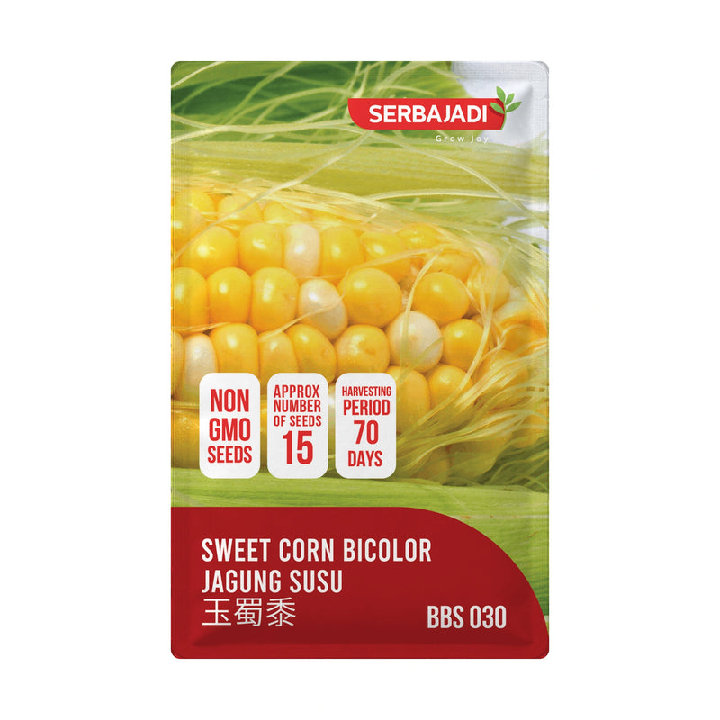 Serbajadi Sweet Corn Bicolor Seeds VS030 seed packet on a white background.