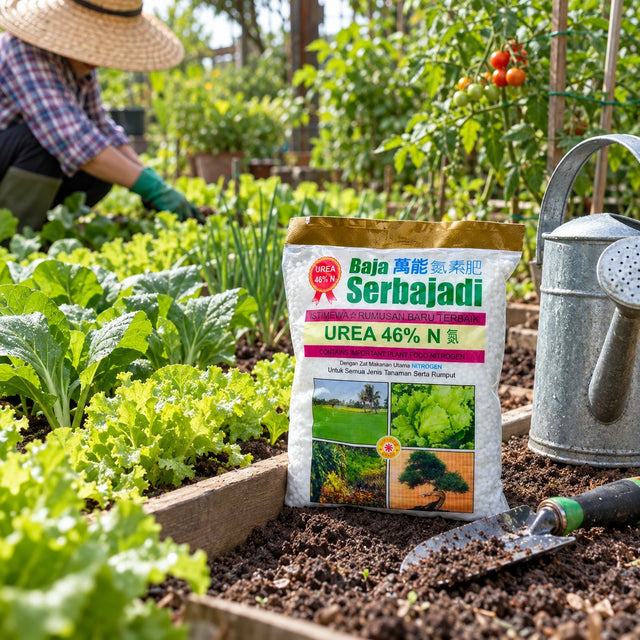 Serbajadi Urea 46 % beside a vegetable bed and watering can.
