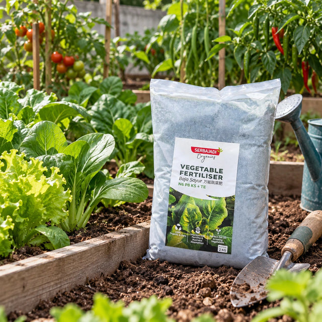 Serbajadi Vegetable Fertiliser beside vegetables in a raised bed.
