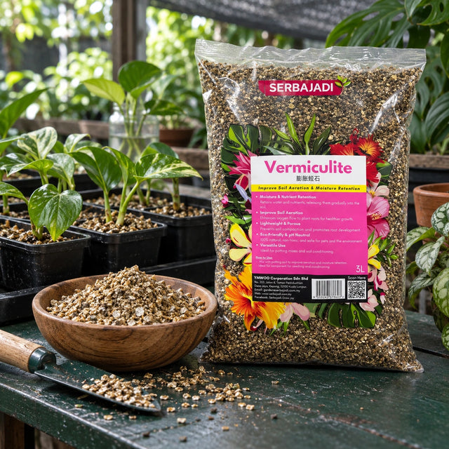 Serbajadi Vermiculite beside pots and a bowl of vermiculite.