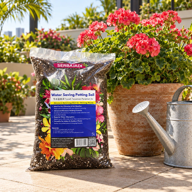 Serbajadi Water Saving Potting Soil beside potted flowers and a watering can.
