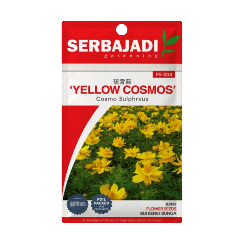 Serbajadi Yellow Cosmos Seeds FS008 seed packet on a white background.