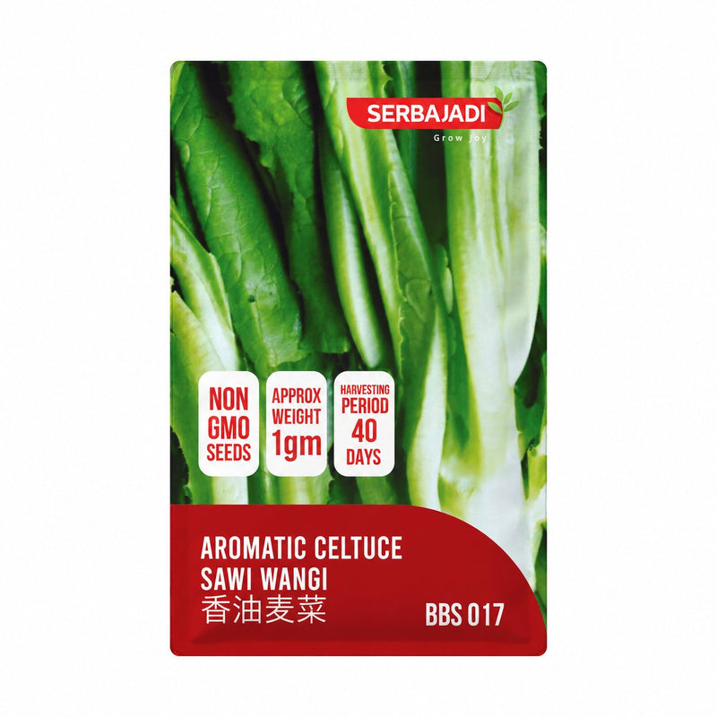 Serbajadi Aromatic Celtuce Seeds VS017 seed packet on a white background.