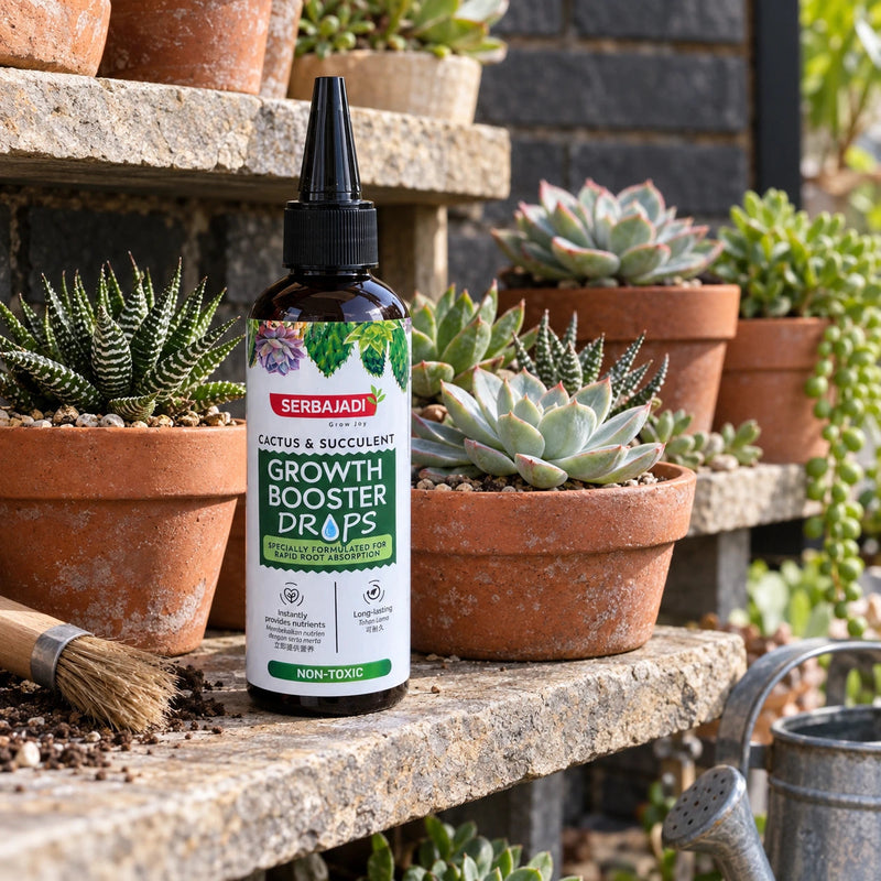 Serbajadi Cactus Growth Booster Drops beside potted succulents on a patio.