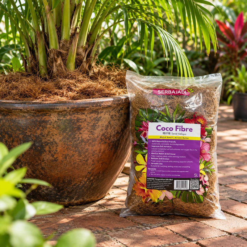Serbajadi Coco Fibre beside a large terracotta pot.