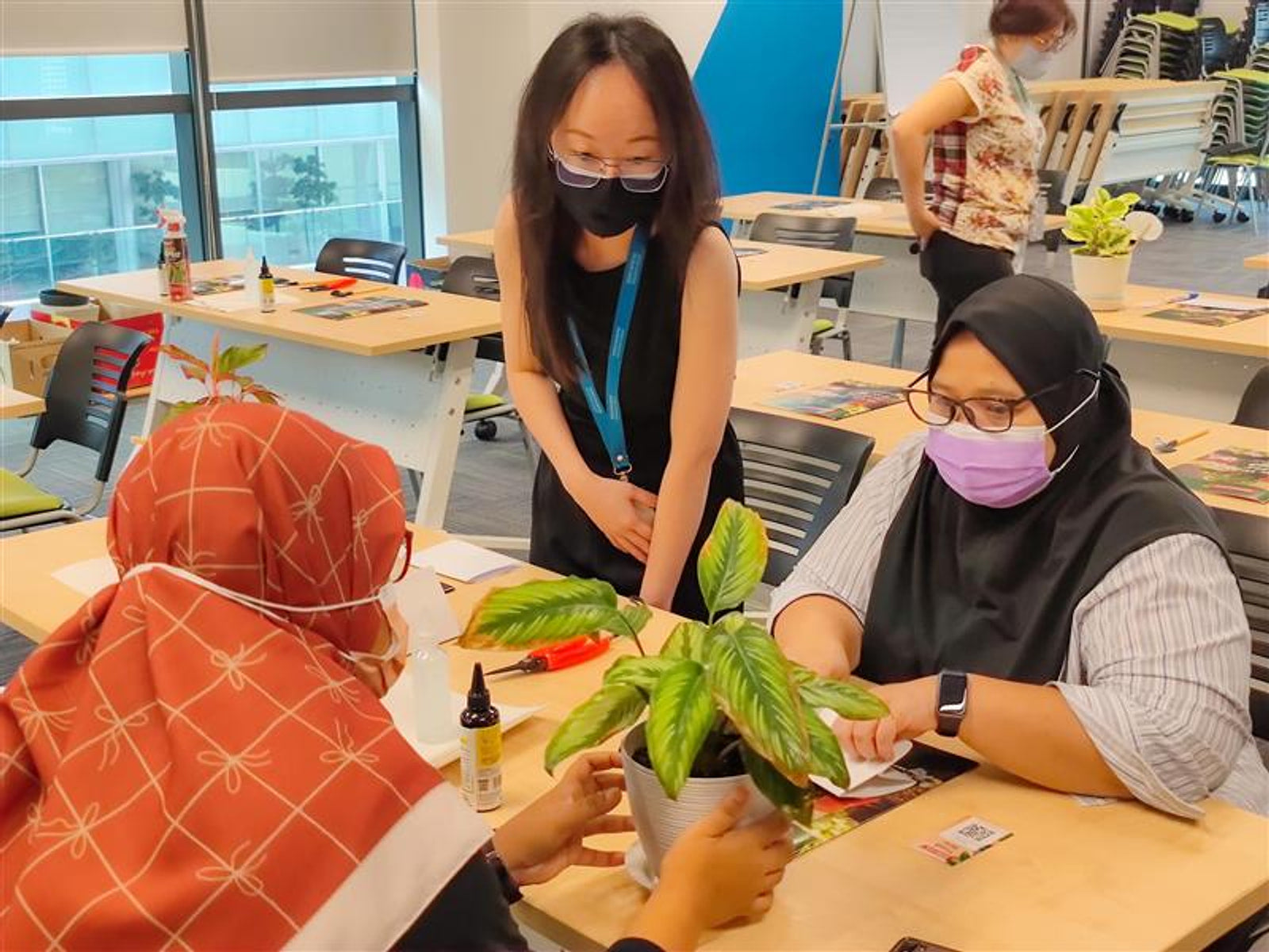 Participants examining a potted plant during a guided gardening session