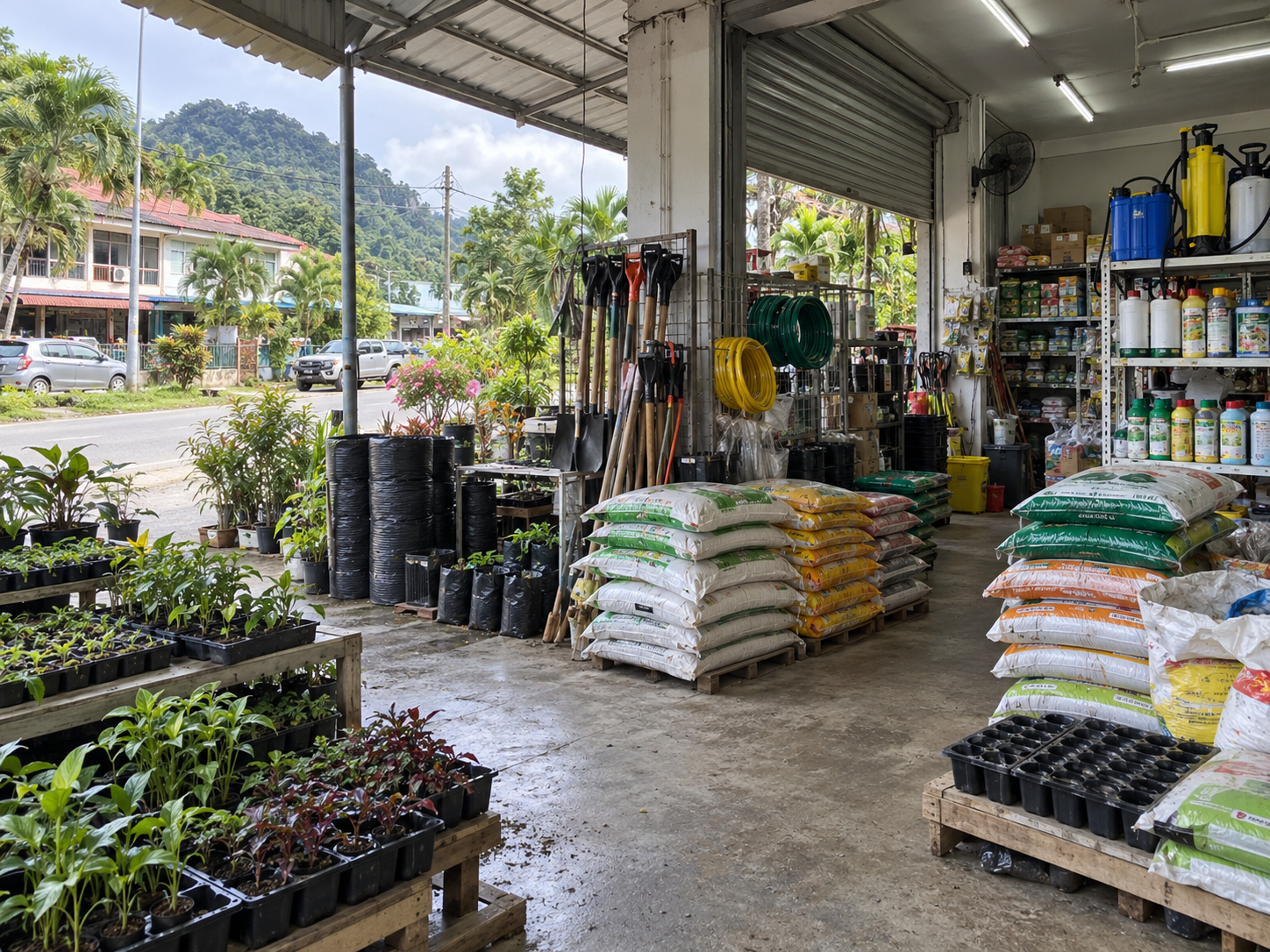 Growing media and tools in an agricultural supply store