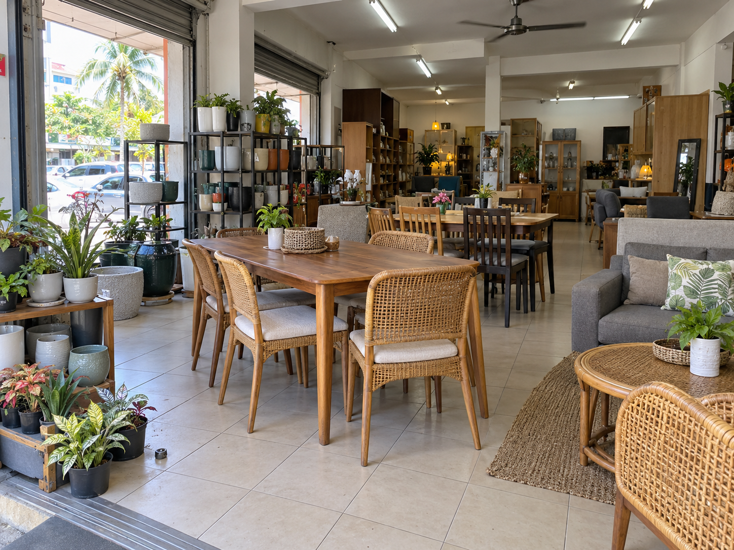 Furniture showroom with indoor plants