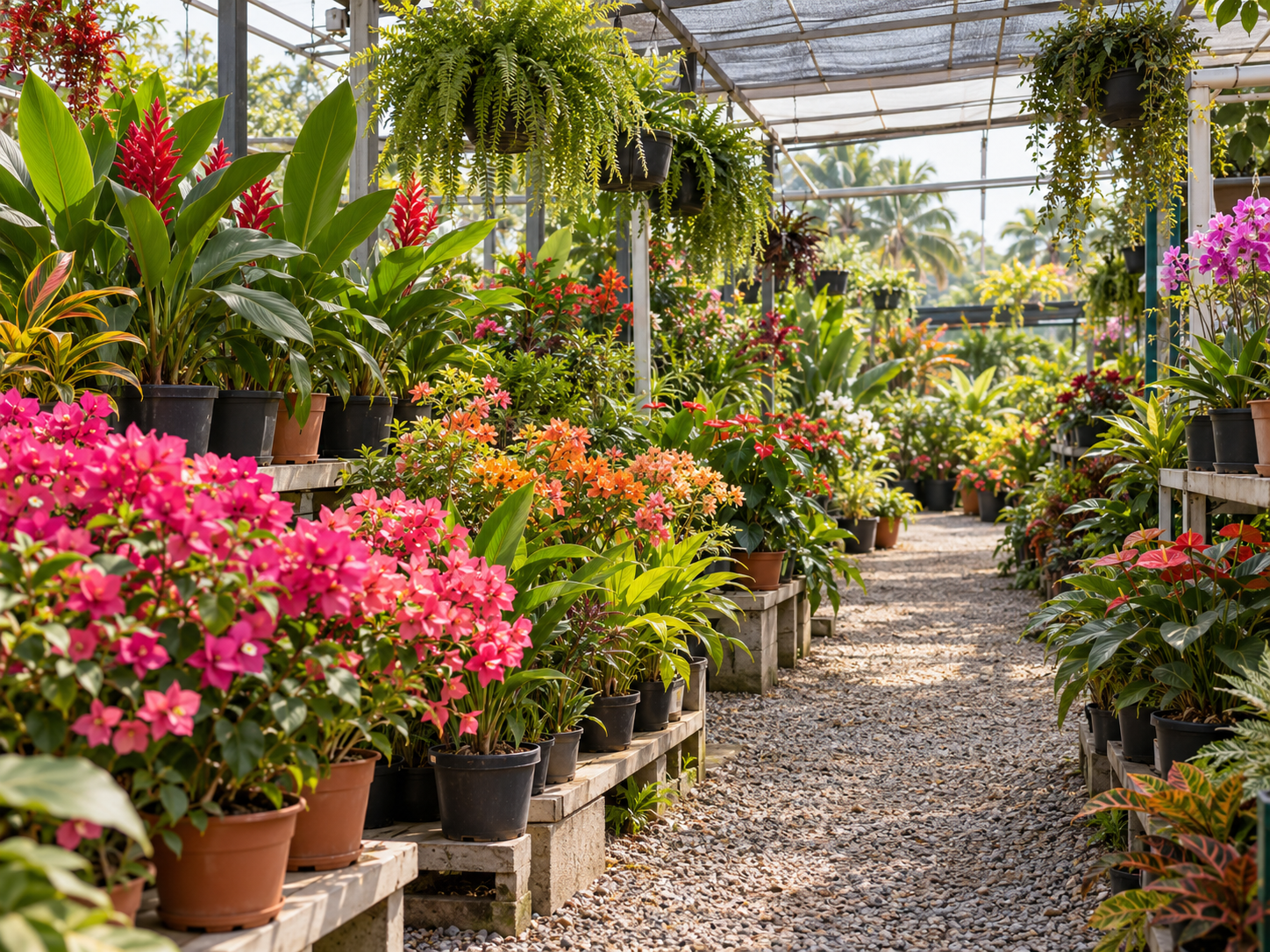 Rows of flowering and leafy plants in a covered garden centre