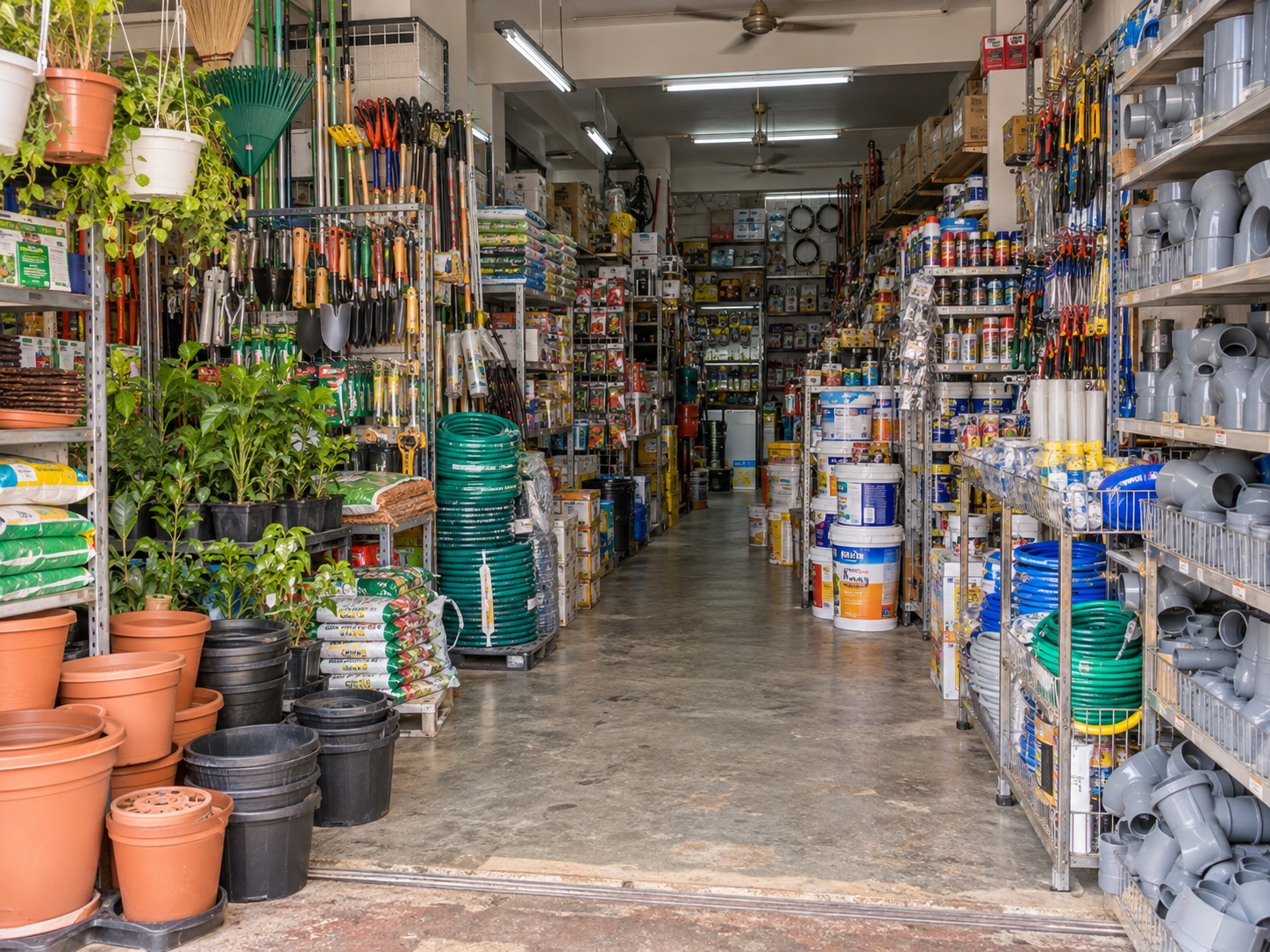 Garden tools and supplies in a hardware store